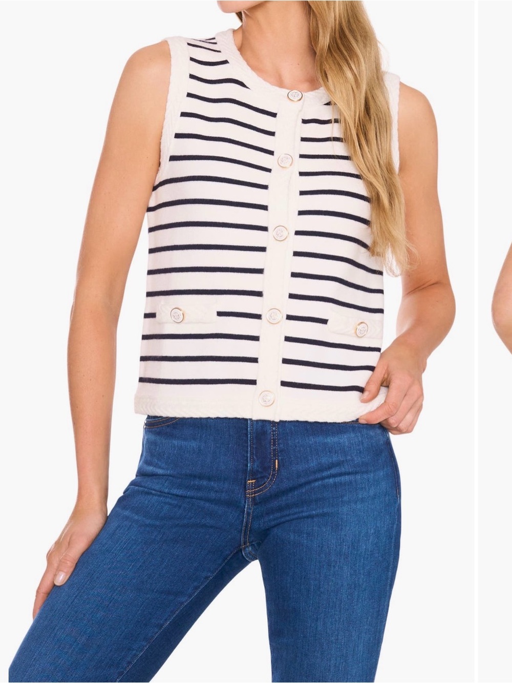 NWT CeCe Striped Button-Front Sweater Vest - Gold Buttons